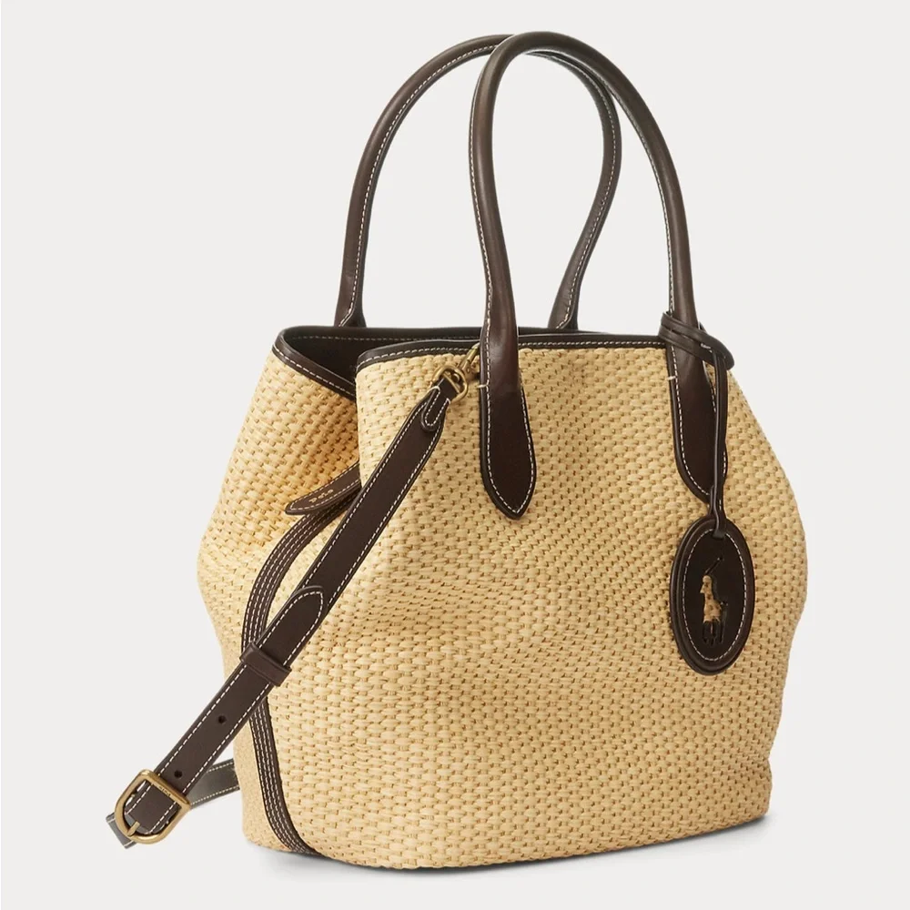 NWT Polo by Ralph Lauren Leather-Trim Straw Medium Bellport Tote - Picture 4 of 14